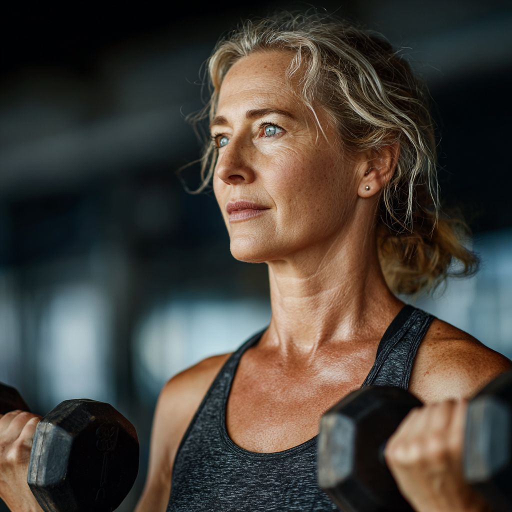 Confident mature woman in her 50s exercising with dumbbells in a modern gym, showing strength and determination