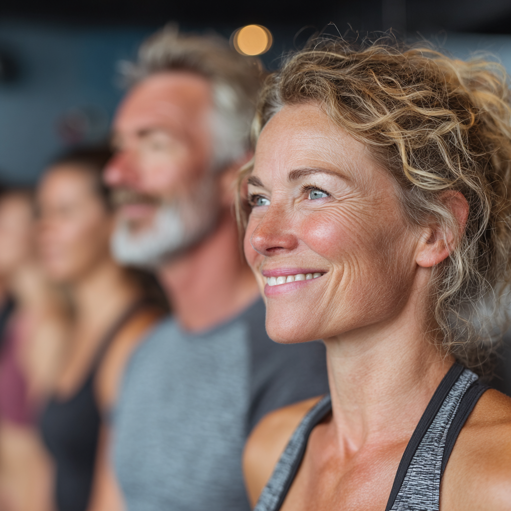 Group of active adults in their 40s and 50s participating in a fitness class, showing teamwork and positive energy
