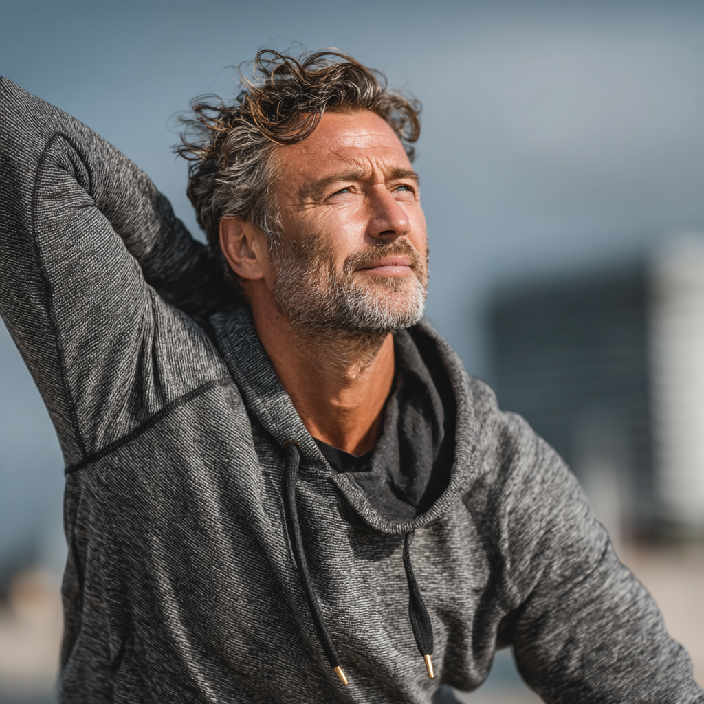 Mature man in his late 40s doing stretching exercises outdoors, demonstrating flexibility and wellness achievement